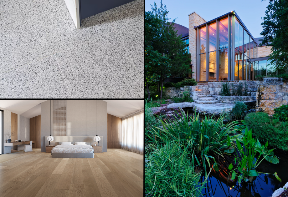 composite image showing a modern farmhouse inspired home alongside interior views of lightre flooring